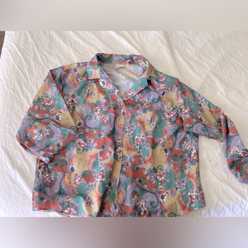 Vintage 60s button up floral real silk